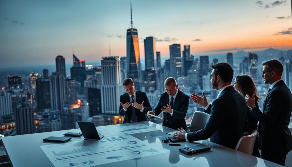 A bustling cityscape at dusk, the skyline dotted with towering glass-and-steel skyscrapers. In the foreground, a group of sharply-dressed business professionals engaged in a lively discussion, gesturing animatedly as they review financial documents and graphs projected onto a sleek, minimalist conference table. Soft lighting illuminates the scene, casting long shadows and creating an atmosphere of intense focus and strategic deliberation. In the background, an array of high-tech gadgets and cutting-edge technology suggest the cutting edge of venture capital investment strategies, with the city's vibrant energy pulsing in the distance.