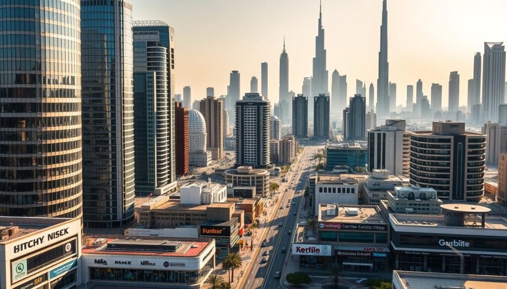 A bustling cityscape of Dubai, showcasing the diverse array of companies that thrive in this global commercial hub. In the foreground, modern high-rise office buildings and sleek corporate headquarters stand tall, their glass facades reflecting the sun's warm glow. In the middle ground, a mix of international and local businesses, from retail shops to tech startups, line the vibrant streets, their signage and logos hinting at the variety of industries represented. In the background, the iconic skyline of Dubai, with its striking architecture and towering skyscrapers, sets the stage for this dynamic business environment. The scene is bathed in a warm, golden light, conveying a sense of prosperity and opportunity that draws entrepreneurs and companies from around the world to establish their presence in this thriving emirate.