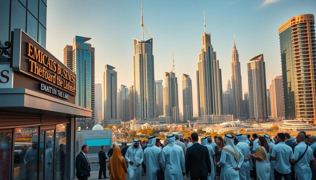 A bustling cityscape of Dubai's iconic skyscrapers, bathed in warm, golden light. In the foreground, a thriving Emirati business, its signage prominently displayed, symbolizing the success of entrepreneurship in the UAE. The middle ground features a diverse crowd of professionals, dressed in traditional Emirati and modern attire, engaged in animated discussions, representing the collaborative spirit that drives innovation. In the background, a panoramic view of the city's majestic skyline, reflecting the vibrant, dynamic nature of the Emirati business landscape. The scene conveys a sense of progress, opportunity, and the rewarding results of strategic planning and hard work in the UAE. A bustling cityscape of Dubai's iconic skyscrapers, bathed in warm, golden light. In the foreground, a thriving Emirati business, its signage prominently displayed, symbolizing the success of entrepreneurship in the UAE. The middle ground features a diverse crowd of professionals, dressed in traditional Emirati and modern attire, engaged in animated discussions, representing the collaborative spirit that drives innovation. In the background, a panoramic view of the city's majestic skyline, reflecting the vibrant, dynamic nature of the Emirati business landscape. The scene conveys a sense of progress, opportunity, and the rewarding results of strategic planning and hard work in the UAE.