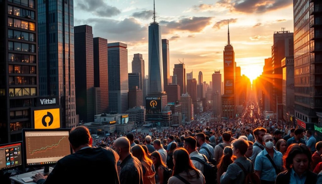 A bustling cityscape, with towering skyscrapers and a vibrant energy pulsing through the streets. In the foreground, a group of determined entrepreneurs huddle around a computer, their faces illuminated by the glow of the screen as they track the growth of their product's user base. The middle ground is filled with a diverse array of people, each representing a different segment of the target market, eagerly engaging with the product. In the background, a sunset casts a warm, golden hue over the scene, symbolizing the potential for success and the excitement of achieving product-market fit. The overall atmosphere is one of focused intensity, with a sense of momentum and possibility. A bustling cityscape, with towering skyscrapers and a vibrant energy pulsing through the streets. In the foreground, a group of determined entrepreneurs huddle around a computer, their faces illuminated by the glow of the screen as they track the growth of their product's user base. The middle ground is filled with a diverse array of people, each representing a different segment of the target market, eagerly engaging with the product. In the background, a sunset casts a warm, golden hue over the scene, symbolizing the potential for success and the excitement of achieving product-market fit. The overall atmosphere is one of focused intensity, with a sense of momentum and possibility.