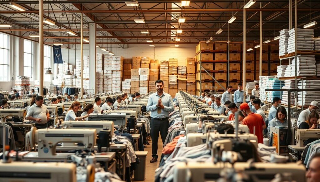 A bustling clothing factory, the foreground filled with rows of sewing machines and workers meticulously crafting garments. In the middle ground, a manager oversees the production, discussing strategies with their team, while the background showcases a sprawling warehouse brimming with neatly stacked boxes and racks of finished products. Warm, diffused lighting casts a harmonious glow over the scene, capturing the efficiency and growth of a thriving clothing business. The composition emphasizes the interconnected nature of production, logistics, and management, reflecting the multifaceted aspects of scaling a successful clothing enterprise.