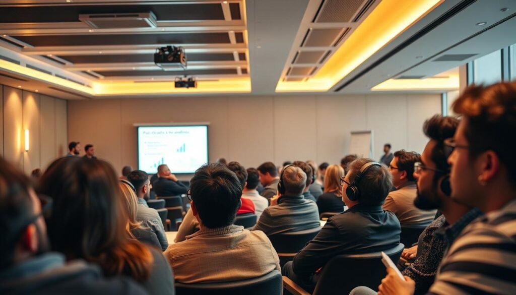 A bustling conference room filled with attentive listeners, illuminated by warm, focused lighting. In the foreground, a diverse group of podcast enthusiasts lean in, eagerly taking notes and discussing strategies to grow their audience. In the middle ground, a presentation screen displays metrics and growth tactics, captivating the audience's attention. The background showcases a modern, minimalist aesthetic with clean lines and neutral tones, creating a professional and inviting atmosphere. The overall scene conveys a sense of collaboration, inspiration, and a shared passion for the art of podcasting. A bustling conference room filled with attentive listeners, illuminated by warm, focused lighting. In the foreground, a diverse group of podcast enthusiasts lean in, eagerly taking notes and discussing strategies to grow their audience. In the middle ground, a presentation screen displays metrics and growth tactics, captivating the audience's attention. The background showcases a modern, minimalist aesthetic with clean lines and neutral tones, creating a professional and inviting atmosphere. The overall scene conveys a sense of collaboration, inspiration, and a shared passion for the art of podcasting.