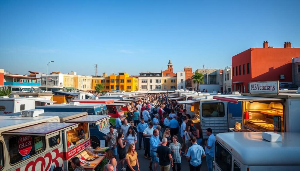 A bustling food truck market, set against a backdrop of colorful buildings and a clear blue sky. In the foreground, an array of food trucks, each with its own unique design and cuisine, are parked in an orderly fashion. The aroma of sizzling meats, spices, and freshly baked goods fills the air, enticing passersby. In the middle ground, groups of people weave through the market, sampling delectable dishes and conversing with the friendly vendors. The scene is illuminated by warm, natural lighting, casting a inviting glow over the lively atmosphere. The overall mood is one of vibrant energy, showcasing the diversity and potential of a thriving food truck community. A bustling food truck market, set against a backdrop of colorful buildings and a clear blue sky. In the foreground, an array of food trucks, each with its own unique design and cuisine, are parked in an orderly fashion. The aroma of sizzling meats, spices, and freshly baked goods fills the air, enticing passersby. In the middle ground, groups of people weave through the market, sampling delectable dishes and conversing with the friendly vendors. The scene is illuminated by warm, natural lighting, casting a inviting glow over the lively atmosphere. The overall mood is one of vibrant energy, showcasing the diversity and potential of a thriving food truck community.