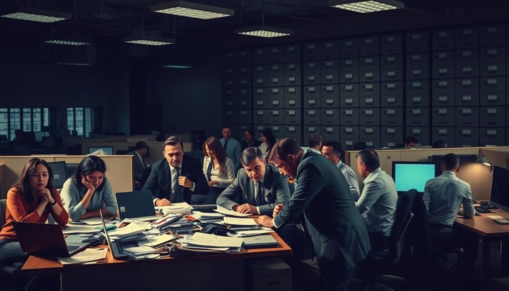 A bustling office environment, dimly lit with a sense of tension and unease. In the foreground, a group of frustrated businesspeople, their expressions strained, huddle around a table littered with scattered documents and abandoned laptops. The middle ground reveals a maze of cubicles, where employees pace anxiously, their faces etched with uncertainty. In the background, a towering wall of filing cabinets casts long shadows, symbolizing the weight of bureaucracy and the struggle to extract meaningful insights from an overwhelming sea of data. The overall atmosphere conveys the common pitfalls of customer discovery - disorganization, lack of focus, and the inability to translate insights into meaningful action. A bustling office environment, dimly lit with a sense of tension and unease. In the foreground, a group of frustrated businesspeople, their expressions strained, huddle around a table littered with scattered documents and abandoned laptops. The middle ground reveals a maze of cubicles, where employees pace anxiously, their faces etched with uncertainty. In the background, a towering wall of filing cabinets casts long shadows, symbolizing the weight of bureaucracy and the struggle to extract meaningful insights from an overwhelming sea of data. The overall atmosphere conveys the common pitfalls of customer discovery - disorganization, lack of focus, and the inability to translate insights into meaningful action.