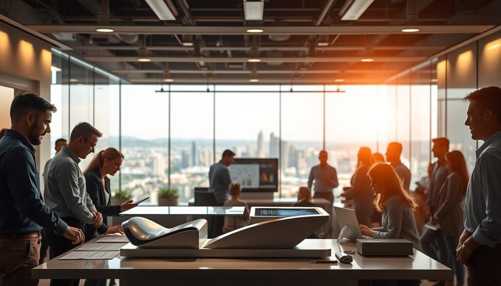 A bustling office scene, filled with the energy of a thriving business. In the foreground, a team of professionals gathered around a table, poring over charts and graphs, their faces lit by the warm glow of success. The middle ground showcases a sleek, modern product display, its elegant design catching the eye of potential customers. In the background, a panoramic view of a vibrant cityscape, symbolizing the growth and expansion of the enterprise. Soft, directional lighting casts a sense of professionalism and achievement, while the overall composition conveys a mood of confidence and validation. A bustling office scene, filled with the energy of a thriving business. In the foreground, a team of professionals gathered around a table, poring over charts and graphs, their faces lit by the warm glow of success. The middle ground showcases a sleek, modern product display, its elegant design catching the eye of potential customers. In the background, a panoramic view of a vibrant cityscape, symbolizing the growth and expansion of the enterprise. Soft, directional lighting casts a sense of professionalism and achievement, while the overall composition conveys a mood of confidence and validation.