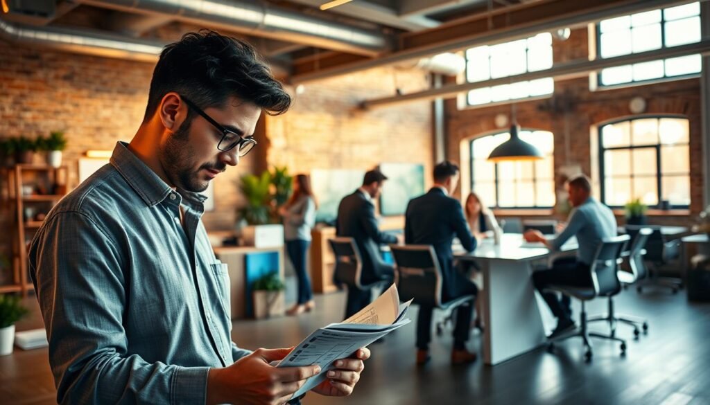 A bustling startup office, illuminated by warm, natural lighting filtering through large windows. In the foreground, a determined entrepreneur pores over financial documents, surrounded by a tidy workspace adorned with minimalist decor. In the middle ground, colleagues collaborate at a sleek conference table, exchanging ideas animatedly. The background depicts an open, airy space with exposed brick walls, conveying a sense of creativity and innovation. The overall atmosphere exudes a blend of focused determination and collaborative energy, capturing the essence of a self-funded, bootstrapped startup journey.