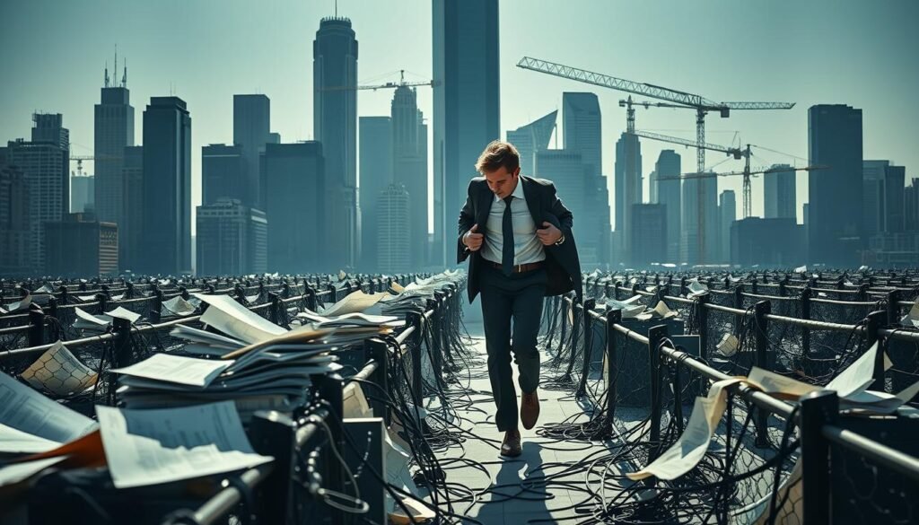 A bustling urban landscape, with skyscrapers and cranes in the background, casting long shadows. In the foreground, a lone entrepreneur navigates a maze of obstacles, their path blocked by piles of financial documents, tangled wires, and a looming deadline. The lighting is stark, creating a sense of tension and challenge. The entrepreneur's expression is one of determination, as they struggle to maintain balance and make critical decisions amidst the chaos. The overall atmosphere conveys the arduous, yet rewarding, nature of the bootstrapping process for a new business venture.