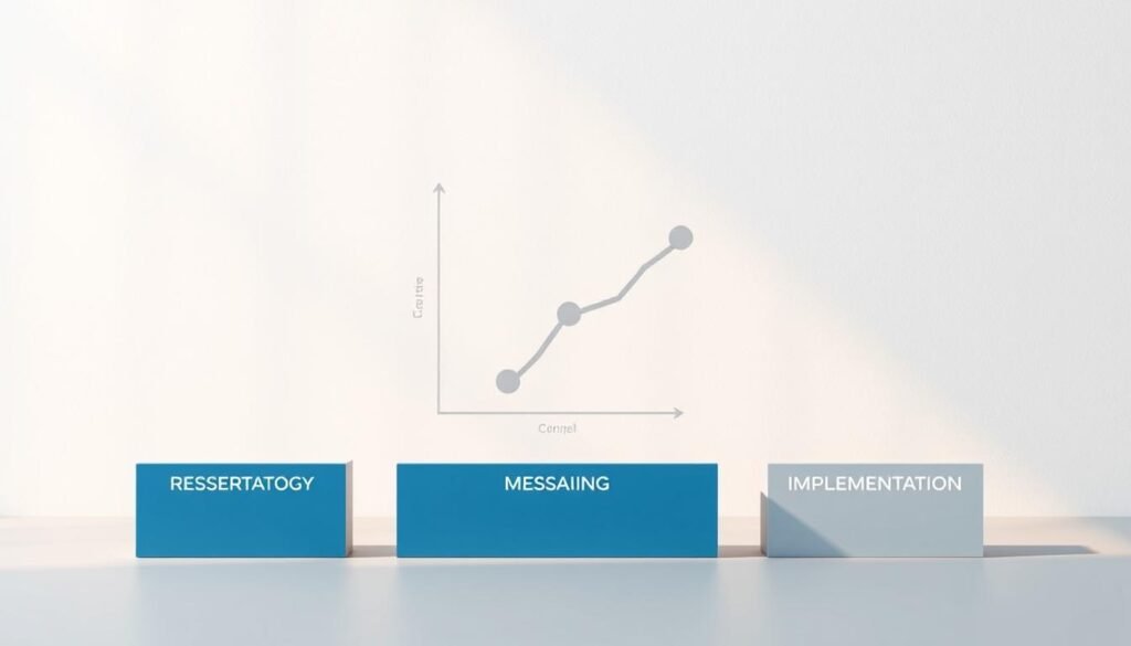 A clean, minimalist illustration depicting the essential steps of a brand messaging framework. In the foreground, a series of crisp, geometric shapes in shades of blue and gray representing the key phases - research, strategy, messaging, and implementation. In the middle ground, a sleek, three-dimensional graph chart visualizing the interconnected nature of these steps. The background features a subtle, soft-focus texture evoking a sense of professionalism and sophistication. Lit by warm, directional lighting that casts gentle shadows, creating depth and dimension. The overall aesthetic is modern, elegant, and designed to clearly communicate the brand messaging process.