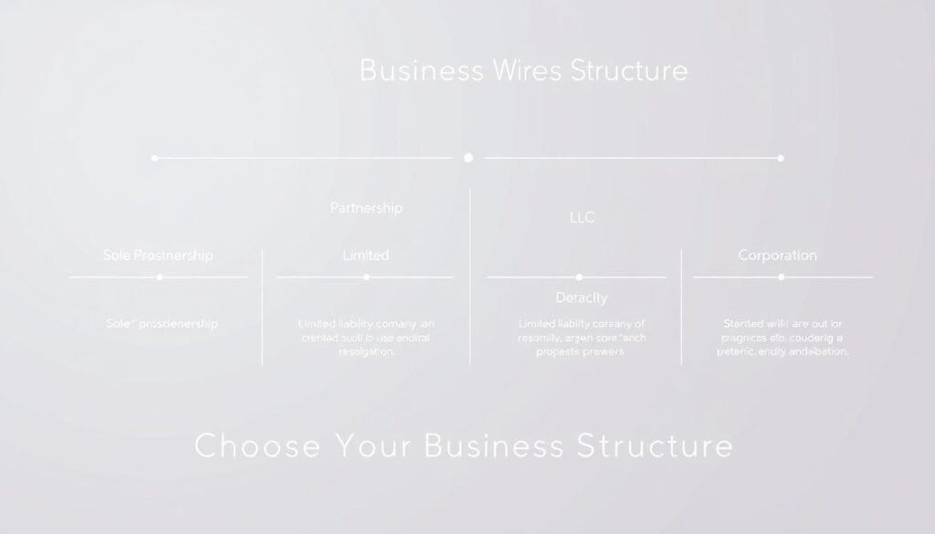 A clean, minimalist wireframe diagram depicting the different legal structures for a business, including sole proprietorship, partnership, limited liability company (LLC), and corporation. The diagram is rendered in a soft, soothing color palette with clean lines and geometric shapes, creating a professional and visually appealing representation of the key elements of business legal structures. The layout is organized and intuitive, allowing the viewer to easily understand the various options and their defining characteristics. The overall mood is one of clarity, simplicity, and authority, perfectly suited to illustrate the "Choose Your Business Structure" section of the article.
