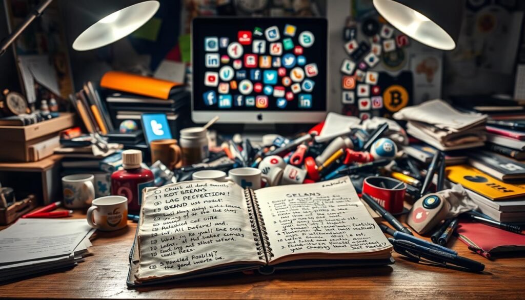 A cluttered desk, overflowing with mismatched trinkets and half-finished projects, symbolizes the chaos of poor brand positioning. Harsh, overhead lighting casts long shadows, creating a sense of disarray. In the foreground, a tattered notebook lies open, its pages scrawled with disjointed ideas and contradictory slogans. The middle ground features a jumble of branded merchandise - mugs, pens, and apparel - all sporting different logos and color schemes, reflecting a lack of cohesive identity. In the background, a blurred computer screen displays a tangled web of social media platforms, highlighting the challenge of maintaining a consistent online presence. The overall scene conveys the common pitfalls of ineffective brand positioning, serving as a cautionary tale for businesses seeking to establish a strong, recognizable identity.