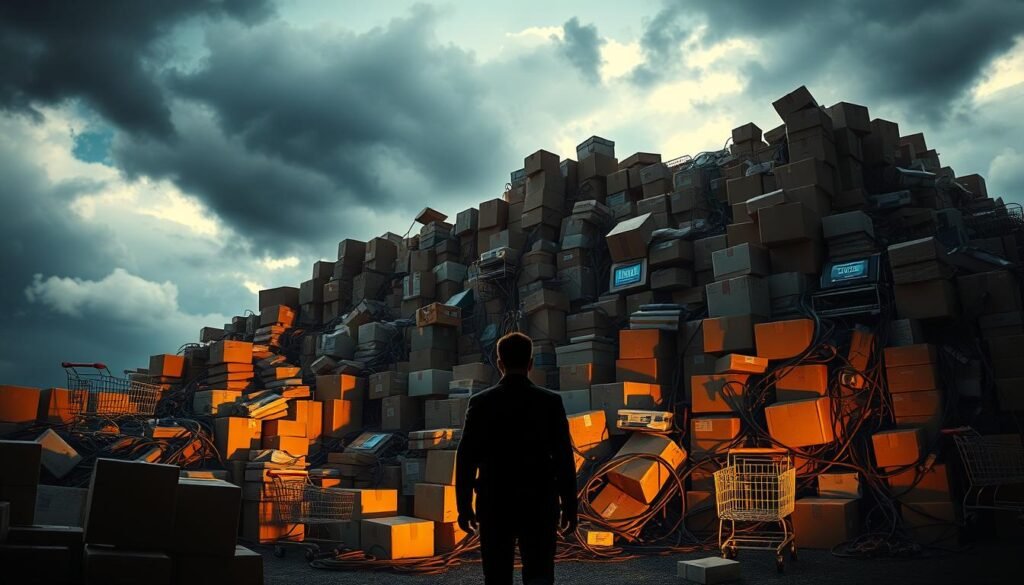 A cluttered digital landscape with a towering pile of packages, boxes, and logistical obstacles, casting long shadows under a dramatic, moody lighting. In the foreground, a lone figure navigates the maze, their face obscured, representing the challenges faced by e-commerce businesses. The middle ground features a diverse array of online shopping carts, digital storefronts, and tangled cables, symbolizing the complexities of building an effective e-commerce platform. The background depicts a cloudy, ominous sky, hinting at the uncertain future and evolving nature of the digital marketplace.