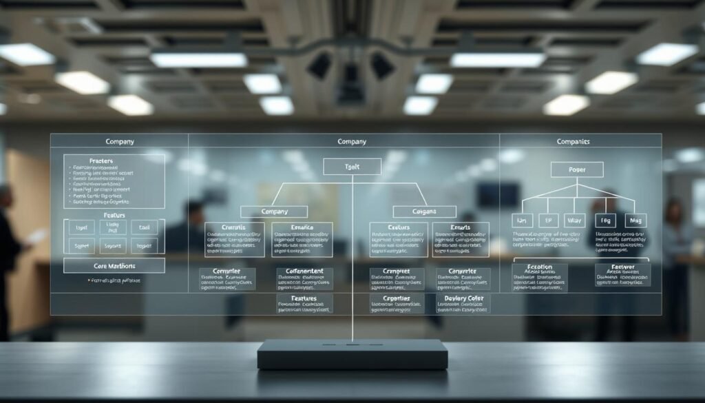 A comparative illustration of various company types, showcasing their distinct features and structures. A detailed, technical scene with crisp, high-resolution imagery. Bright, neutral lighting illuminates the central display, while a muted, blurred background maintains focus. Clean, minimalist design with angular geometric shapes and forms to represent the organizational frameworks. Subtle shadows and reflections add depth and realism. The composition should visually highlight the key differences between the company types in a clear, informative manner.