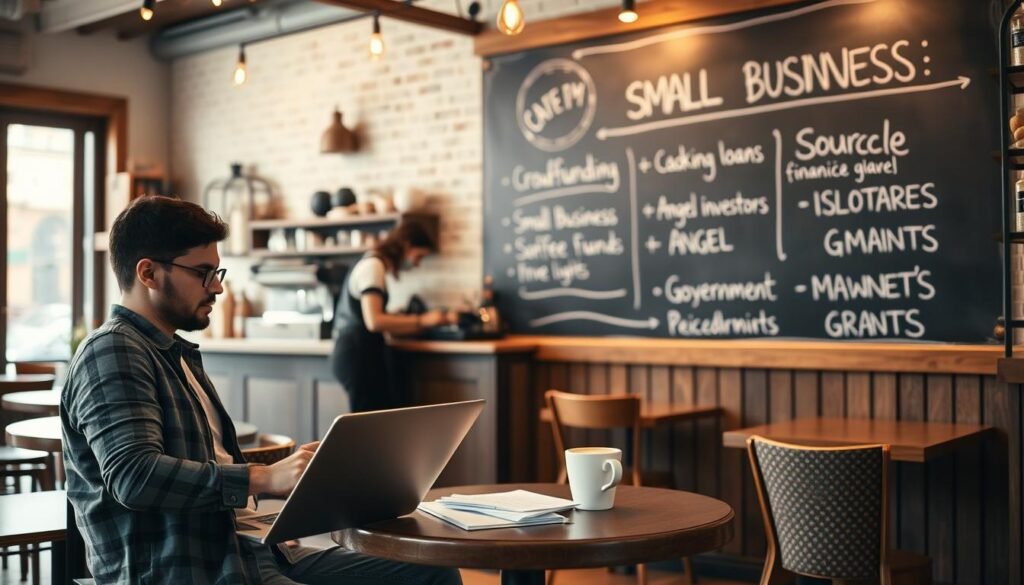 A cozy coffee shop interior with warm lighting and rustic wooden furniture. In the foreground, a small business owner reviews financial documents and calculates budgets on a laptop. The middle ground features a barista preparing a latte, while the background showcases various funding sources displayed on a chalkboard wall - crowdfunding, small business loans, angel investors, and government grants. The overall atmosphere conveys a sense of entrepreneurial spirit and financial planning for a successful coffee shop venture. A cozy coffee shop interior with warm lighting and rustic wooden furniture. In the foreground, a small business owner reviews financial documents and calculates budgets on a laptop. The middle ground features a barista preparing a latte, while the background showcases various funding sources displayed on a chalkboard wall - crowdfunding, small business loans, angel investors, and government grants. The overall atmosphere conveys a sense of entrepreneurial spirit and financial planning for a successful coffee shop venture.