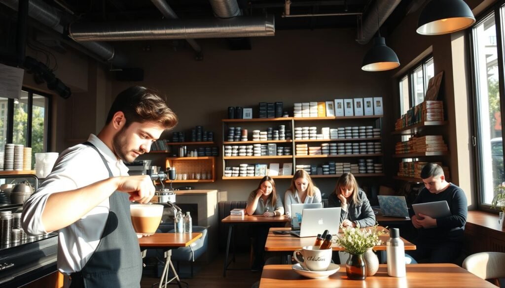 A cozy, inviting coffee shop interior, with sunlight streaming through large windows and illuminating the space. In the foreground, a barista expertly crafts a latte, showcasing the shop's attention to detail and high-quality service. The middle ground features customers engaged in conversation, laptops open, and a sense of productivity and community. In the background, shelves are stocked with an array of artisanal coffee beans, pastries, and other specialty items, hinting at the shop's diverse offerings. The overall atmosphere is one of warmth, creativity, and a commitment to fostering a successful and thriving coffee shop experience. A cozy, inviting coffee shop interior, with sunlight streaming through large windows and illuminating the space. In the foreground, a barista expertly crafts a latte, showcasing the shop's attention to detail and high-quality service. The middle ground features customers engaged in conversation, laptops open, and a sense of productivity and community. In the background, shelves are stocked with an array of artisanal coffee beans, pastries, and other specialty items, hinting at the shop's diverse offerings. The overall atmosphere is one of warmth, creativity, and a commitment to fostering a successful and thriving coffee shop experience.