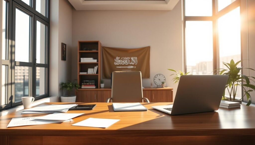 A cozy office setting, bathed in warm, natural lighting filtering through large windows. In the foreground, a wooden desk showcases the key benefits of sole proprietorship - flexibility, control, and personalized branding. Scattered documents and a laptop suggest the owner's hands-on involvement. In the middle ground, a sleek, minimalist bookshelf holds industry-relevant literature, conveying the owner's expertise. The background subtly depicts the Saudi Arabian flag, underscoring the local context. The overall atmosphere exudes a sense of professionalism, entrepreneurial spirit, and the rewarding aspects of running a private enterprise.