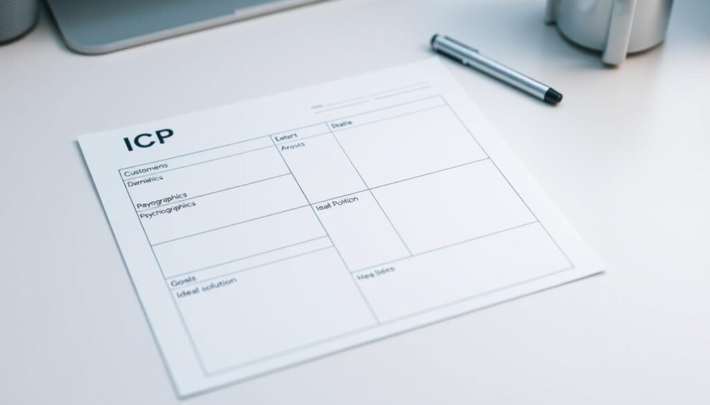 A crisp, clean, and well-organized ICP template worksheet on a neutral-colored desk. The template features a clean, minimalist design with distinct sections for customer demographics, psychographics, pain points, goals, and ideal solution. The layout is visually appealing, with clear headings and ample white space. The lighting is soft and diffused, creating a professional and inviting atmosphere. The camera angle is slightly elevated, providing a comprehensive view of the worksheet. The overall mood is one of productivity, organization, and clarity, reflecting the importance of the Ideal Customer Profile in effective marketing strategy.