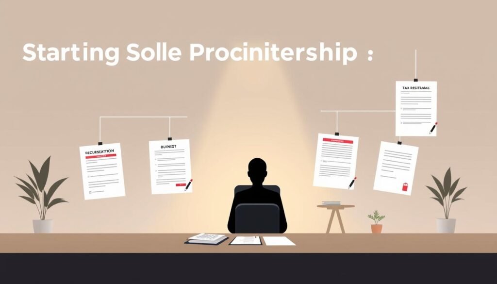 A crisp, minimalist illustration depicting the key requirements for starting a sole proprietorship business in Egypt. In the foreground, a stylized silhouette of a person sitting at a desk, surrounded by essential paperwork and documents such as business registration forms, tax registration, and commercial registry. The middle ground features a clean, modern office setting with architectural elements like a sleek wooden desk and potted plants, conveying a professional, organized atmosphere. The background is a muted, neutral palette, allowing the key details to stand out. The lighting is soft and even, casting a warm, productive glow over the scene. The overall composition is balanced and harmonious, reflecting the step-by-step process of establishing a sole proprietorship in Egypt.
