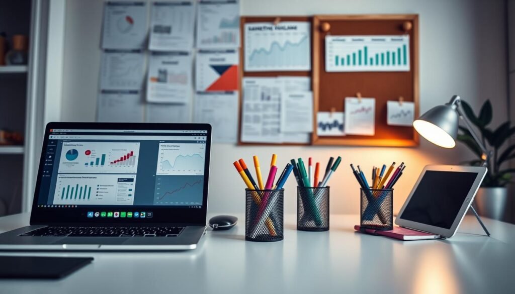 A crisp, professional-looking workspace with a variety of marketing execution tools. In the foreground, a laptop and a tablet display dashboards and analytics software. In the middle ground, a desk organizer holds pens, highlighters, and sticky notes. On the wall, a corkboard displays printouts, graphs, and calendars. Soft, warm lighting illuminates the scene, creating a focused, productive atmosphere. The overall impression conveys the efficient and organized management of marketing campaigns and data.