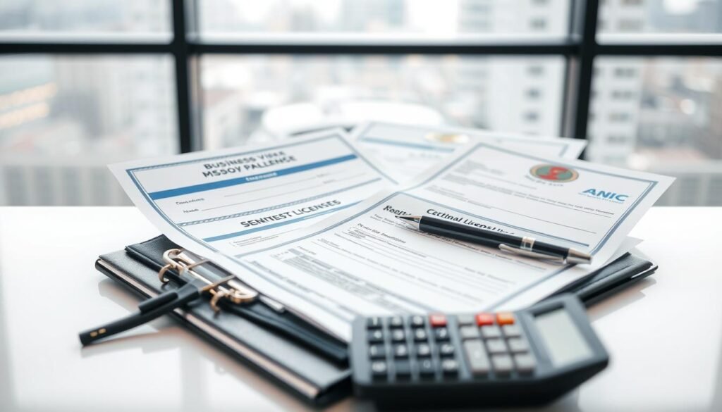 A crisp, well-lit close-up photograph of various business licenses and permits on a clean, modern desk. The documents are neatly organized, with a professional-looking folder, a pen, and a calculator in the foreground. The background is minimalist, with a subtle gradient or blurred cityscape visible through a window, conveying a sense of an urban professional setting. The overall composition is balanced and aesthetically pleasing, highlighting the importance of proper licensing and regulation for a successful cleaning business. A crisp, well-lit close-up photograph of various business licenses and permits on a clean, modern desk. The documents are neatly organized, with a professional-looking folder, a pen, and a calculator in the foreground. The background is minimalist, with a subtle gradient or blurred cityscape visible through a window, conveying a sense of an urban professional setting. The overall composition is balanced and aesthetically pleasing, highlighting the importance of proper licensing and regulation for a successful cleaning business.