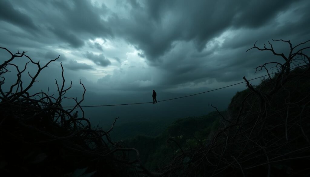 A dark, foreboding landscape shrouded in uncertainty. In the foreground, a tangled web of thorny vines and treacherous pitfalls, representing the inherent risks of venture capital investment. The middle ground features a precarious tightrope, symbolizing the delicate balance required to navigate the volatile world of startups and funding. In the distant background, a looming storm clouds the horizon, casting an ominous shadow over the entire scene. The lighting is harsh and dramatic, creating a sense of tension and unease. The camera angle is low, emphasizing the daunting challenges and obstacles that investors must face. The overall mood is one of apprehension and the ever-present threat of failure.