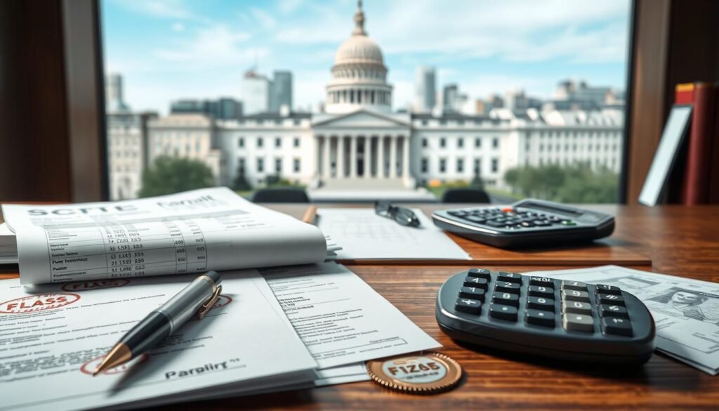 A detailed and realistic illustration of government fees and charges for establishing a limited liability company. The image should showcase various financial documents, payment slips, and official stamps or seals in the foreground, conveying the administrative and bureaucratic aspects of the process. The middle ground should feature office equipment like a calculator, pen, and desk, creating a professional office environment. The background should depict a cityscape or government building, suggesting the official and institutional nature of the process. The lighting should be soft and even, creating a sense of seriousness and formality. The overall composition should be well-balanced and visually compelling, guiding the viewer's attention to the key elements related to the costs of establishing a limited liability company.