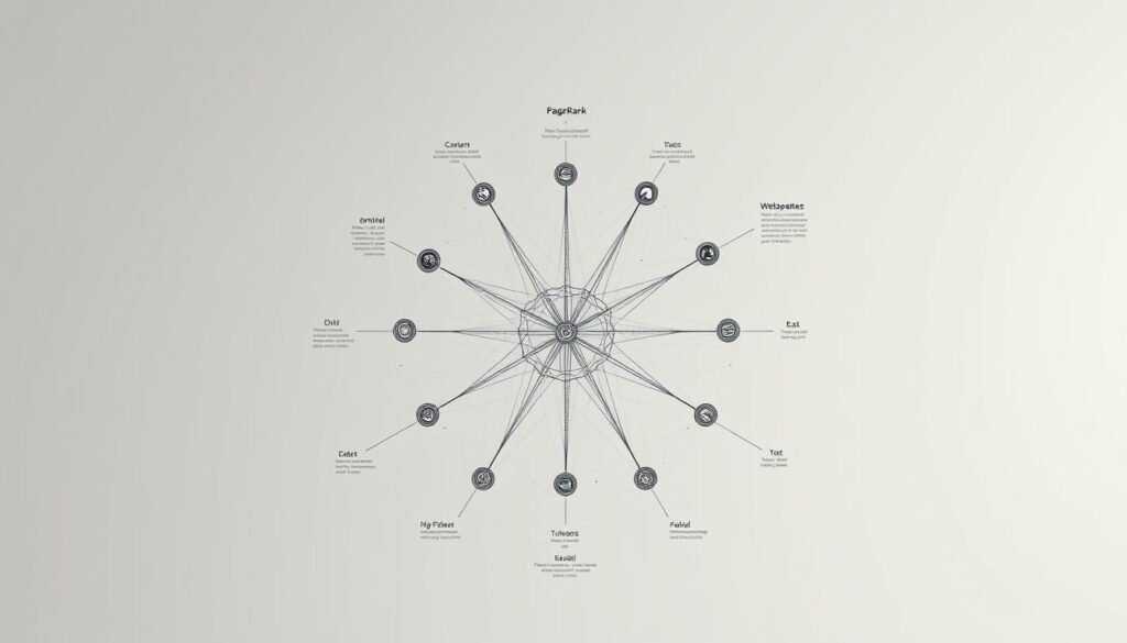 A detailed and visually striking diagram of the PageRank algorithm, as used in the early days of Google's search engine. Set against a clean, minimalist background, the diagram should feature a central, geometric representation of the algorithm's core mechanics, with nodes and edges connecting webpages and their relative importance. The visualization should be rendered with a technical, yet elegant aesthetic, using a muted color palette and crisp, high-contrast lines. Subtle lighting and shadows should help to create depth and emphasize the structural components. The overall impression should convey the innovative spirit and groundbreaking nature of the PageRank algorithm, which was instrumental in Google's rise to dominance in the early web search landscape.