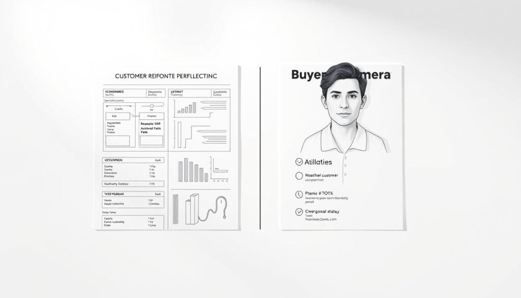 A detailed comparison of an Ideal Customer Profile (ICP) and a Buyer Persona, displayed side-by-side on a clean, minimalist background. The ICP should appear as a technical blueprint or wireframe, with precise specifications and metrics. The Buyer Persona should be depicted as a realistic, three-dimensional character, with a distinct personality, preferences, and pain points. The two elements should be visually distinct yet complementary, highlighting their differences and the need to understand both for effective marketing strategies. Lighting should be soft and evenly distributed, creating a sense of balance and clarity. The overall mood should convey professionalism, clarity, and the importance of customer understanding.