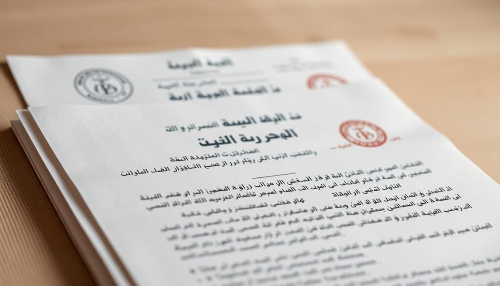 A detailed contract document with Arabic text, arranged against a clean and professional backdrop. The foreground features the crisp typeface of the contract's key clauses, while the middle ground showcases the official seals, stamps, and signatures that authenticate the document. The background has a subtle texture, perhaps a muted wood grain or light linen, evoking a sense of tradition and legality. The lighting is soft and even, casting a warm glow across the scene, creating an atmosphere of formality and importance. The angle is a slightly elevated perspective, allowing the viewer to examine the contract's contents clearly and comprehensively.