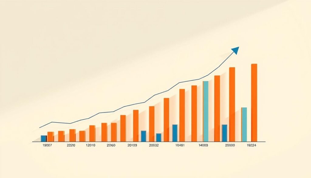 A detailed, data-driven bar chart depicting South Korea's remarkable economic growth over the past decades. The chart is rendered in a clean, minimalist style against a soft, neutral background, allowing the vibrant colors and sharp data visualizations to take center stage. Precise line work and balanced composition guide the viewer's eye through the upward trajectory, conveying a sense of progress and prosperity. Sophisticated lighting casts subtle shadows, adding depth and dimensionality to the chart. This impactful visual effectively illustrates Samsung's integral role in South Korea's economic transformation and success.