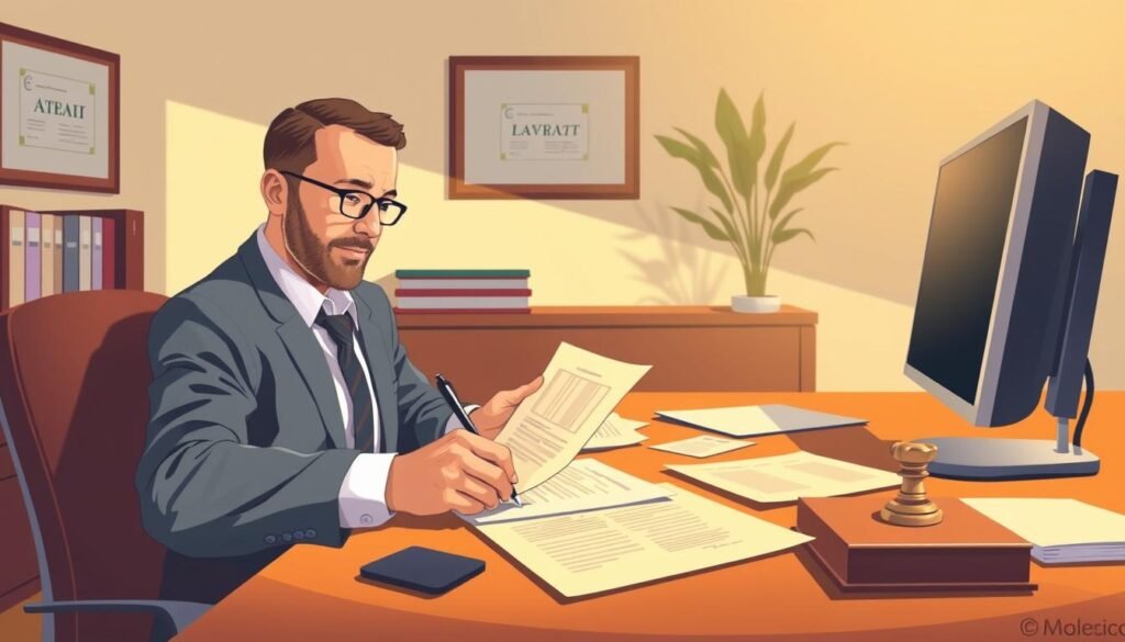 A detailed illustration depicting the legal process of registering a sole proprietorship business in Morocco. The image shows a serene office setting with a desk, computer, and various official documents. A professional-looking individual, possibly a business owner or government official, is meticulously filling out forms and stamping documents, conveying the meticulous nature of the registration process. The lighting is warm and inviting, with subtle shadows adding depth and a sense of solemnity to the scene. The composition emphasizes the importance of the legal and administrative steps involved in establishing a sole proprietorship in Morocco, reflecting the comprehensive nature of the article's subject matter.