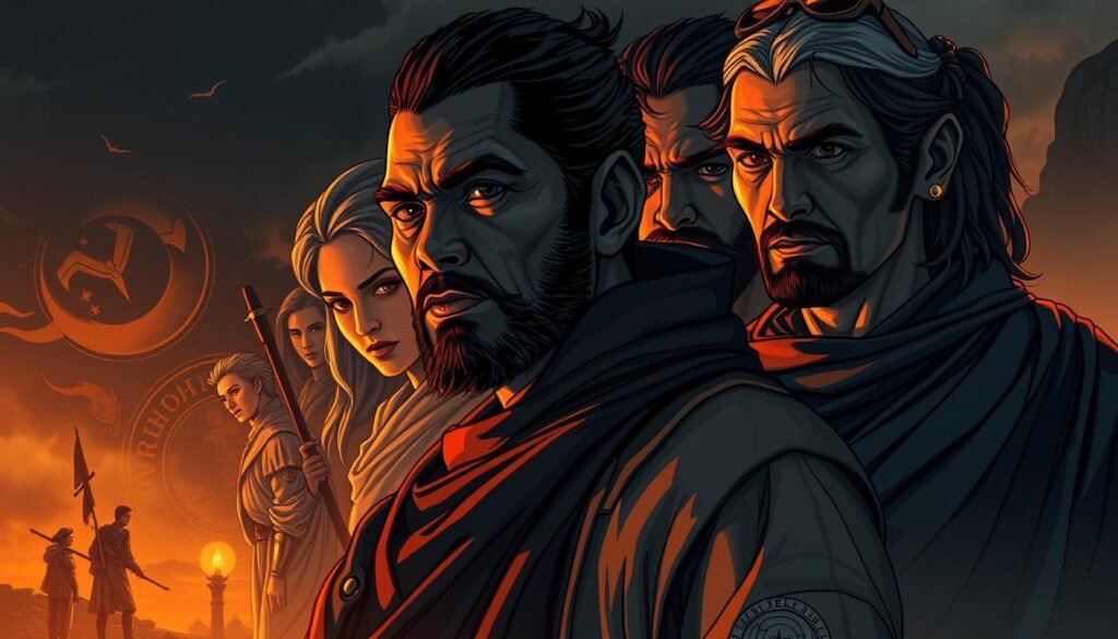 A detailed illustration depicting the prominent characters of "Malouko Noon", a key part of the captivating story of "Noon". In the foreground, the central figures stand resolute, their faces etched with determination and purpose. The middle ground showcases the intricate interplay of their relationships, while the background subtly hints at the larger narrative that unfolds. Lighting is dramatic, with warm tones bathing the scene in an aura of mystery and intrigue. The composition is balanced, guiding the viewer's eye through the various layers of this pivotal moment. An artistic interpretation that captures the essence of this pivotal section within the larger "Noon" saga.
