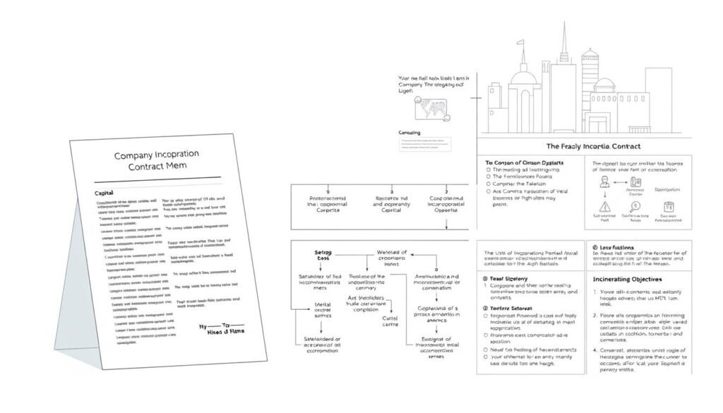 A detailed illustration of the core elements of a company incorporation contract in the United Arab Emirates. Depicted in a minimalist, technical style with clean lines and a muted color palette. The foreground features the essential legal components such as capital, shareholders, directors, and corporate objectives, arranged in a precise, diagram-like layout. The middle ground shows the incorporation process in a step-by-step flowchart, while the background showcases the legal framework and administrative regulations governing company formation. Rendered with a sense of professionalism and authority to convey the subject's significance in Emirati business law. A detailed illustration of the core elements of a company incorporation contract in the United Arab Emirates. Depicted in a minimalist, technical style with clean lines and a muted color palette. The foreground features the essential legal components such as capital, shareholders, directors, and corporate objectives, arranged in a precise, diagram-like layout. The middle ground shows the incorporation process in a step-by-step flowchart, while the background showcases the legal framework and administrative regulations governing company formation. Rendered with a sense of professionalism and authority to convey the subject's significance in Emirati business law.
