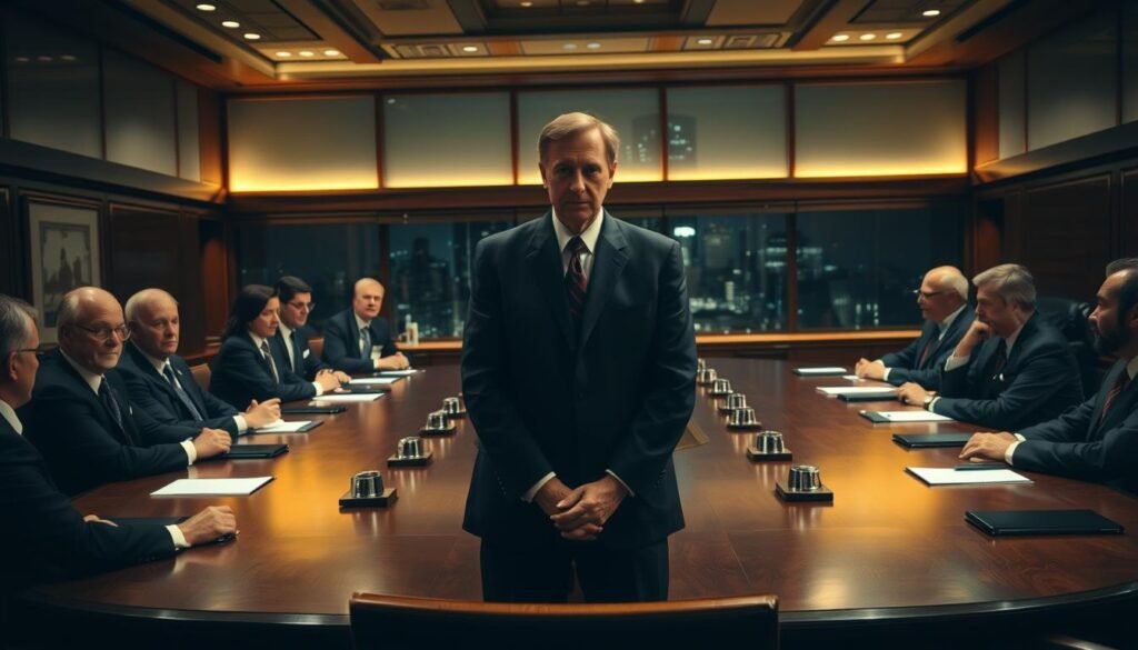 A dimly lit boardroom, the air thick with tension. In the foreground, a group of executives in sharp suits, their expressions stern and unyielding. At the head of the table, a lone figure stands, hands clasped, gaze unwavering - the new leader, Peter Thiel, as he navigates the complex web of power struggles and shifting loyalties that define the changing of the guard at PayPal. The room is illuminated by the soft glow of mahogany and brass, the warm tones lending an air of gravitas to the proceedings. Through the windows, the cityscape beyond stands witness, a testament to the far-reaching impact of the decisions made within these walls.