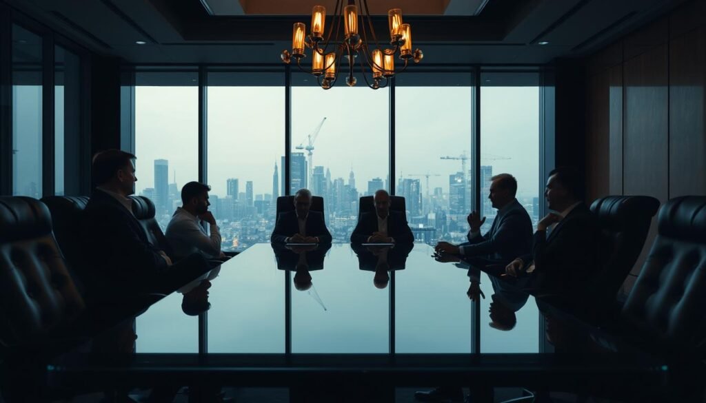 A dimly lit corporate boardroom, sleek glass table reflecting the muted light. Around it, high-backed leather chairs, occupied by silhouetted figures engaged in intense discussion. Overhead, a modern chandelier casts a warm glow, illuminating the tense expressions and gestures of the startup founders and investors. In the background, floor-to-ceiling windows offer a glimpse of a bustling city skyline, hinting at the weight of the decisions being made. The atmosphere is one of calculated risk, high stakes, and the delicate balance of control and influence between the entrepreneurs and their financial backers.