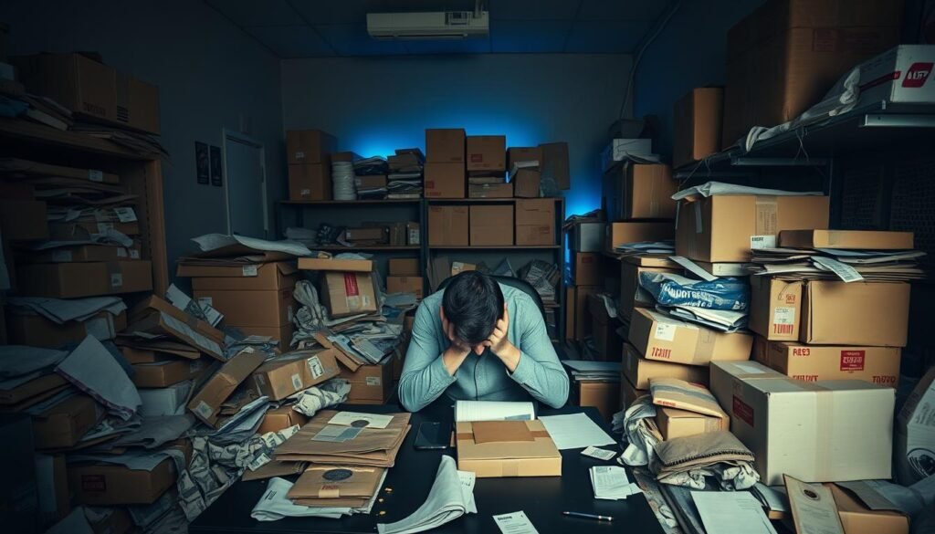 A dimly lit office space, cluttered with discarded packages, unopened shipments, and a tangle of shipping labels. In the foreground, a weary entrepreneur sits at a desk, head in hands, surrounded by the remnants of their failed dropshipping venture. The middle ground features shelves and boxes, haphazardly arranged, reflecting the disorganization and lack of inventory control. The background casts a somber, blue-tinted glow, conveying a sense of disappointment and lost opportunity. The scene is captured with a wide-angle lens, emphasizing the overwhelming nature of the mistakes made, illuminated by a soft, natural light that casts long shadows, underscoring the gravity of the situation.
