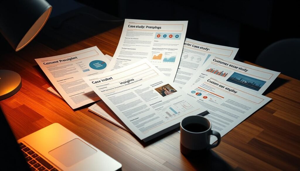 A dimly lit office space, showcasing multiple case study documents neatly arranged on a wooden desk. The case studies feature detailed insights and analysis, with graphs, charts, and customer testimonials. The warm, focused lighting creates a contemplative atmosphere, inviting the viewer to delve into the real-world examples of customer discovery. A laptop and a mug of coffee complete the scene, suggesting an active, collaborative work environment. The overall composition emphasizes the thoughtful, data-driven approach to understanding customer needs and behaviors. A dimly lit office space, showcasing multiple case study documents neatly arranged on a wooden desk. The case studies feature detailed insights and analysis, with graphs, charts, and customer testimonials. The warm, focused lighting creates a contemplative atmosphere, inviting the viewer to delve into the real-world examples of customer discovery. A laptop and a mug of coffee complete the scene, suggesting an active, collaborative work environment. The overall composition emphasizes the thoughtful, data-driven approach to understanding customer needs and behaviors.