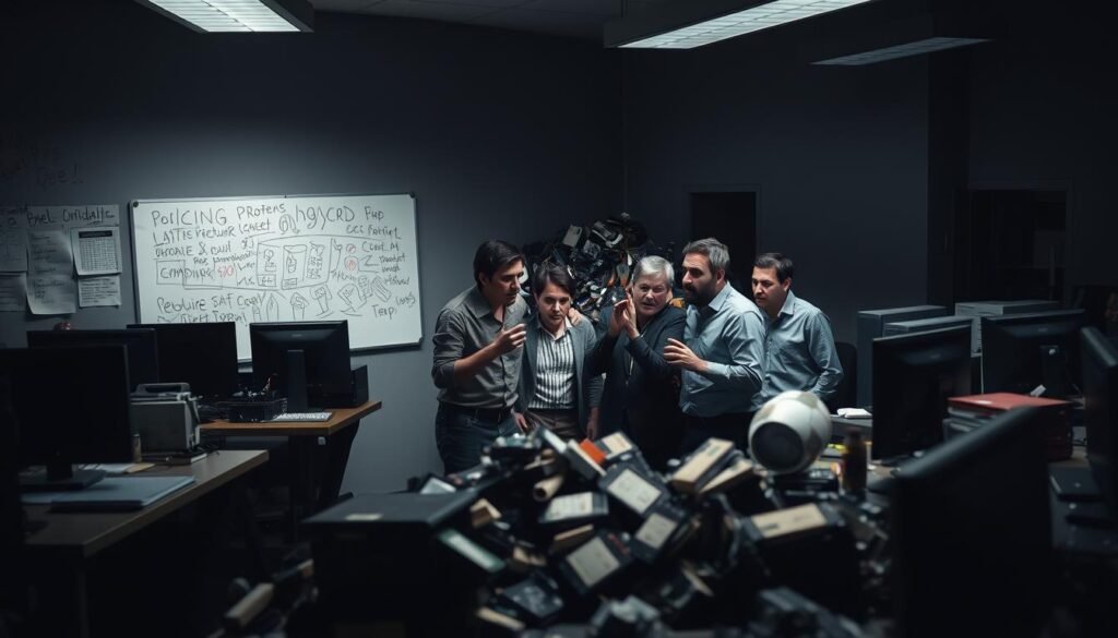 A dimly lit office space, with desks and computers scattered haphazardly. In the foreground, a team of frustrated individuals, their faces etched with concern, gesturing animatedly as they huddle around a whiteboard covered in scribbles. The middle ground reveals a mountain of discarded prototypes and product samples, a testament to the challenges of validation. The background is shrouded in shadows, conveying a sense of uncertainty and unease. The lighting is harsh, creating deep shadows and stark contrasts, heightening the tension and stress of the scene. The overall atmosphere is one of chaos and disarray, reflecting the common pitfalls encountered during the product validation process. A dimly lit office space, with desks and computers scattered haphazardly. In the foreground, a team of frustrated individuals, their faces etched with concern, gesturing animatedly as they huddle around a whiteboard covered in scribbles. The middle ground reveals a mountain of discarded prototypes and product samples, a testament to the challenges of validation. The background is shrouded in shadows, conveying a sense of uncertainty and unease. The lighting is harsh, creating deep shadows and stark contrasts, heightening the tension and stress of the scene. The overall atmosphere is one of chaos and disarray, reflecting the common pitfalls encountered during the product validation process.