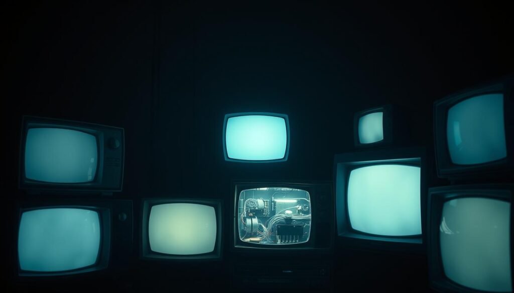 A dimly lit room, the glow of old television sets casting a nostalgic hue. Vintage cathode-ray tube displays, their boxy silhouettes and analog dials a testament to the technological era of the 1960s and 1970s. Soft, warm lighting highlights the intricate mesh of wires and components within, conveying a sense of mechanical wonder. The scene evokes a time when television was a revolutionary medium, shaping the cultural landscape of the era. The image should capture the essence of this pivotal moment in Samsung's history, as the company transitioned from its humble beginnings to becoming a global technology leader.