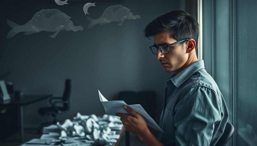 A dimly lit startup office, the air thick with tension. In the foreground, a young entrepreneur clutches financial reports, face etched with worry. Hovering above, spectral representations of risk - market volatility, regulatory hurdles, and fierce competition. The middle ground features a scattering of crumpled business plans, symbolizing the fragility of new ventures. The background casts a gloomy shadow, hinting at the uncertain future that lies ahead. Backlighting creates a sense of foreboding, while a narrow depth of field draws the viewer's eye to the central figure, the weight of risk pressing upon their shoulders.