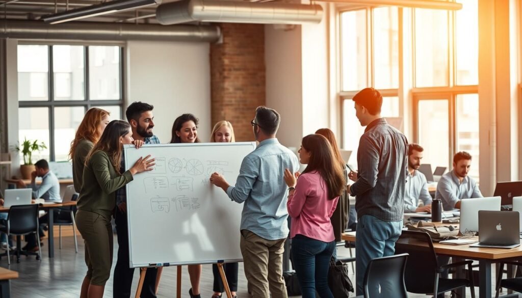 A diverse team of professionals collaborating in a well-lit, open-concept office space. In the foreground, colleagues huddle around a whiteboard, brainstorming ideas and sketching out plans. The middle ground features a group discussion, with team members engaged in lively conversation and gesturing animatedly. In the background, individuals work independently at their desks, laptops open and papers scattered, demonstrating the cross-functional nature of the team. Warm, natural lighting filters in through large windows, creating an atmosphere of productivity and camaraderie. The overall scene conveys a sense of aligned purpose, effective communication, and a shared commitment to achieving the team's goals. A diverse team of professionals collaborating in a well-lit, open-concept office space. In the foreground, colleagues huddle around a whiteboard, brainstorming ideas and sketching out plans. The middle ground features a group discussion, with team members engaged in lively conversation and gesturing animatedly. In the background, individuals work independently at their desks, laptops open and papers scattered, demonstrating the cross-functional nature of the team. Warm, natural lighting filters in through large windows, creating an atmosphere of productivity and camaraderie. The overall scene conveys a sense of aligned purpose, effective communication, and a shared commitment to achieving the team's goals.