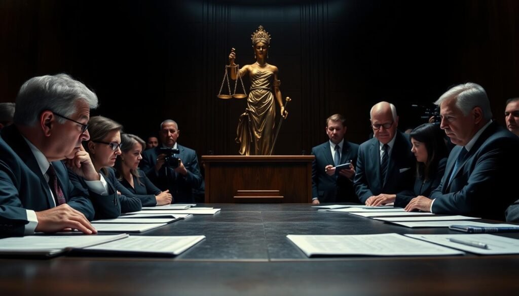 A dramatic and tense courtroom scene, with a towering figure of Lady Justice presiding over a confrontation between representatives of Facebook and government officials. The lighting is stark and dramatic, casting heavy shadows across the participants' faces, conveying the gravity of the legal challenges facing the tech giant. In the foreground, Facebook's lawyers appear anxious and defensive, while the government representatives stand resolute, their expressions stern. The background is a blur of legal documents and press cameras, emphasizing the public scrutiny and high stakes of the proceedings. The overall mood is one of legal tension and uncertainty, capturing the essence of Facebook's ongoing legal challenges.