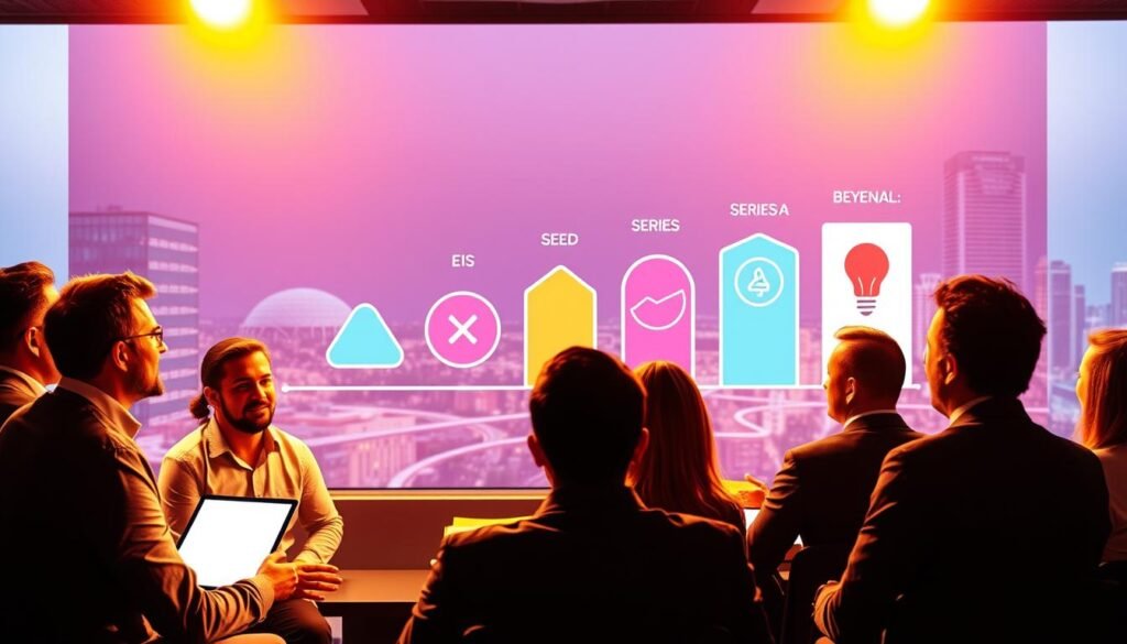 A dynamic and vibrant scene of the venture capital funding stages. In the foreground, a team of entrepreneurs pitching their innovative startup idea to a panel of venture capitalists, their faces alight with enthusiasm. In the middle ground, a stylized visual representation of the funding stages - seed, series A, series B, and beyond - each stage represented by distinct shapes and colors, conveying the progression and growth of the venture. The background is a sleek, futuristic cityscape, hinting at the broader economic landscape in which these funding decisions are made. Warm, directional lighting illuminates the scene, creating a sense of drama and importance. The overall composition is clean, modern, and visually striking, capturing the high-stakes world of venture capital funding.