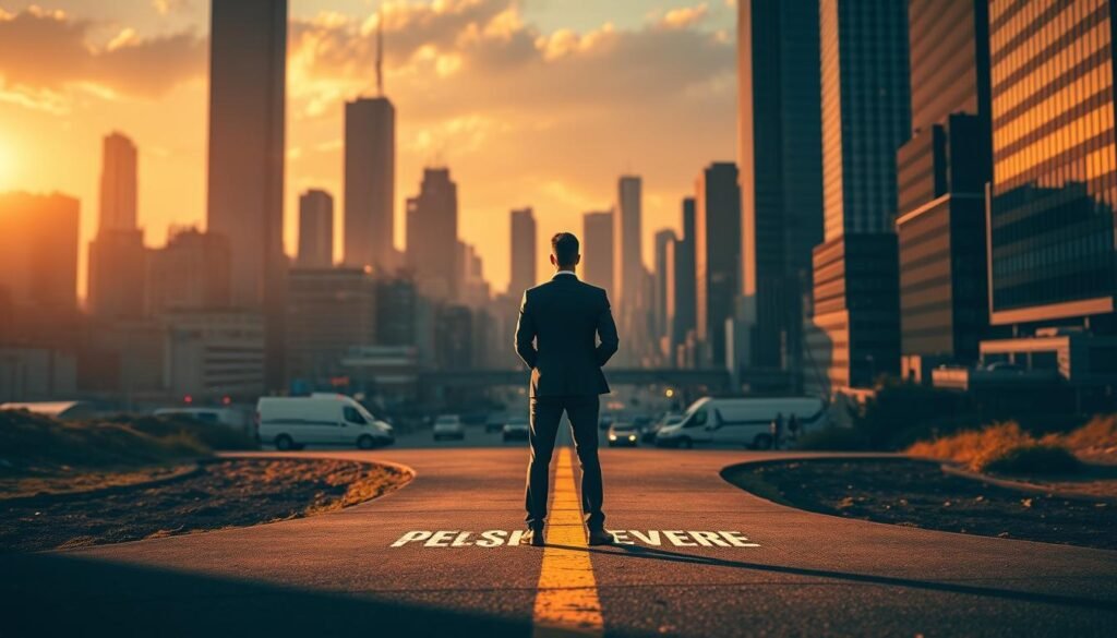 A dynamic, cinematic scene depicting the "Pivot vs Persevere" decision process. In the foreground, a thoughtful businessperson stands at a crossroads, weighing options. Behind them, two paths diverge - one marked "Pivot" leading to an unknown future, the other "Persevere" continuing down the current trajectory. The background is a richly detailed urban landscape, with skyscrapers and bustling activity, conveying the high-stakes nature of the decision. Warm, directional lighting casts dramatic shadows, creating an atmosphere of tension and contemplation. The perspective is slightly elevated, allowing the viewer to witness this pivotal moment from an objective vantage point. A dynamic, cinematic scene depicting the "Pivot vs Persevere" decision process. In the foreground, a thoughtful businessperson stands at a crossroads, weighing options. Behind them, two paths diverge - one marked "Pivot" leading to an unknown future, the other "Persevere" continuing down the current trajectory. The background is a richly detailed urban landscape, with skyscrapers and bustling activity, conveying the high-stakes nature of the decision. Warm, directional lighting casts dramatic shadows, creating an atmosphere of tension and contemplation. The perspective is slightly elevated, allowing the viewer to witness this pivotal moment from an objective vantage point.