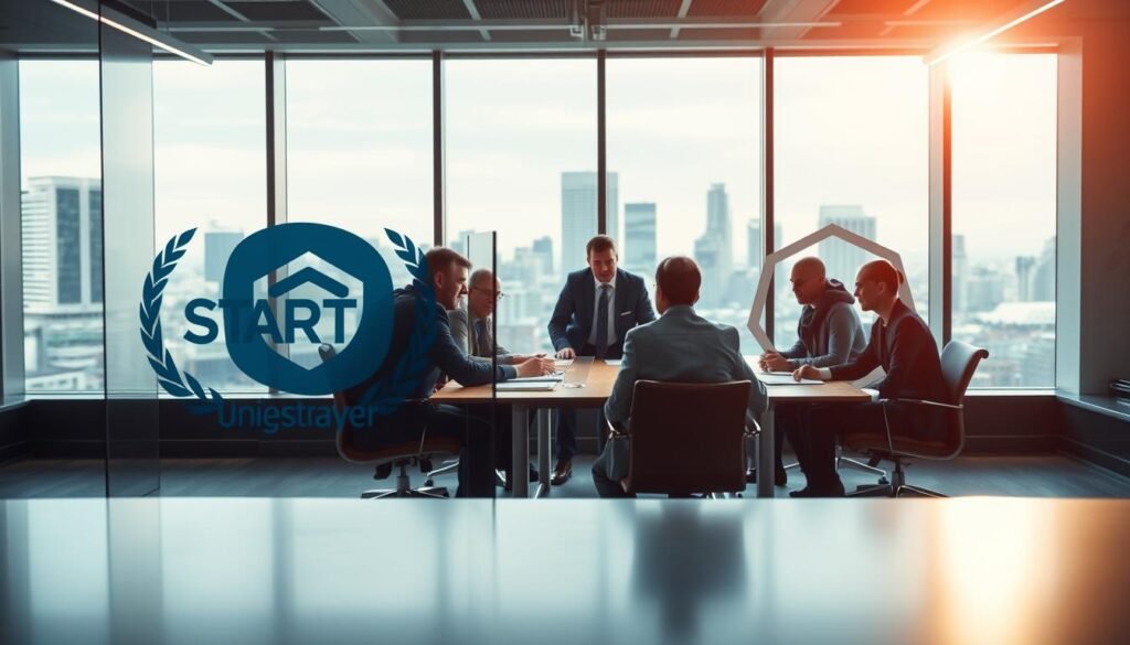 A dynamic startup acquisition scene set in a modern corporate office. A large established company's logo dominates the foreground, with the smaller startup's emblem subtly incorporated. The lighting is bright and professional, conveying a sense of power dynamics and high-stakes negotiations. The middle ground features a conference table surrounded by serious-faced executives, deep in discussion. In the background, the cityscape outside the window suggests a thriving urban business hub. The overall atmosphere exudes a blend of triumph, innovation, and strategic maneuvering.