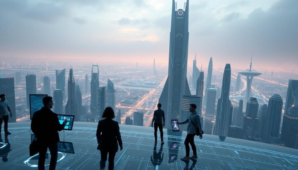 A futuristic cityscape of the metaverse, with holographic displays, floating platforms, and sleek AI-powered skyscrapers. In the foreground, a group of people interact with virtual interfaces, their movements reflected in the mirrored surfaces. The middle ground features a vast, interconnected network of data streams and information pathways, pulsing with energy. In the background, the horizon is dominated by a towering, sentient AI construct, its presence evoking a sense of both wonder and unease. The scene is bathed in a soft, ethereal glow, creating an atmosphere of technological transcendence.