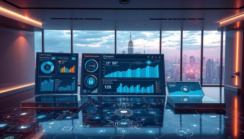 A futuristic cloud computing dashboard set in a modern, minimalist office space. Sleek metallic surfaces and holographic displays showcase various data visualizations and system metrics. The dashboard is illuminated by warm, ambient lighting, creating a sense of technological sophistication. In the foreground, a dynamic grid of interconnected icons and graphs provides real-time insights into resource utilization, network performance, and security status. The middle ground features a large, interactive touchscreen panel displaying a comprehensive overview of cloud infrastructure and service deployments. In the background, a panoramic window offers a breathtaking view of a futuristic cityscape, hinting at the global reach and scalability of the cloud computing platform.