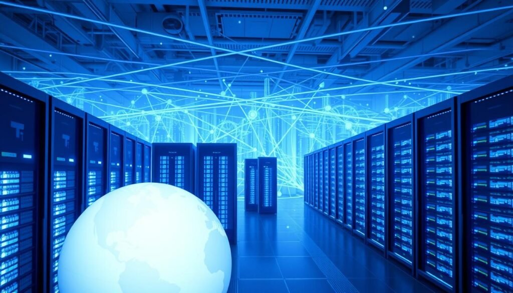 A global network of interconnected servers and data centers, representing the worldwide expansion of Facebook. A vast, futuristic landscape of digital infrastructure, with sleek, angular buildings and towering server racks illuminated by cool, blue lighting. In the foreground, a stylized globe model spins, symbolizing the platform's global reach and influence. The background features a dynamic visualization of data flows, with streams of information crisscrossing the frame. The overall atmosphere conveys a sense of technological advancement, international connectivity, and the growing ubiquity of Facebook as a dominant social media force.