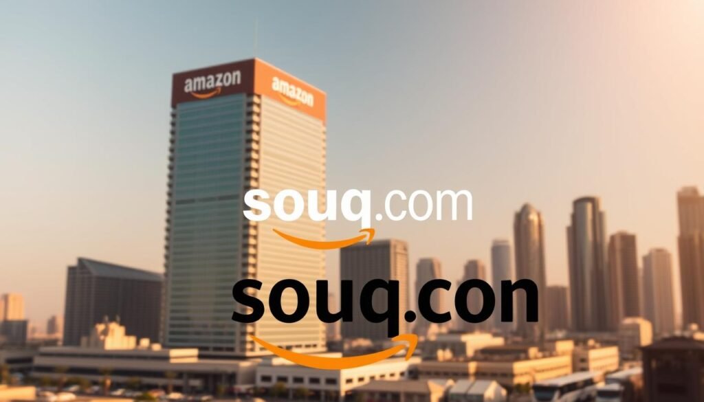 A grand commercial building, the Amazon headquarters, stands tall against a backdrop of a bustling city skyline. In the foreground, the iconic logo of Souq.com, a leading e-commerce platform, is prominently displayed, signifying the momentous acquisition by the tech giant. The scene is bathed in warm, golden light, conveying a sense of opportunity and prosperity. The composition captures the merger of two titans, the integration of Souq.com's regional expertise with Amazon's global reach, creating a synergistic alliance that will reshape the Middle Eastern e-commerce landscape. The image exudes a sense of strategic collaboration, technological innovation, and the promise of a new era in digital commerce.