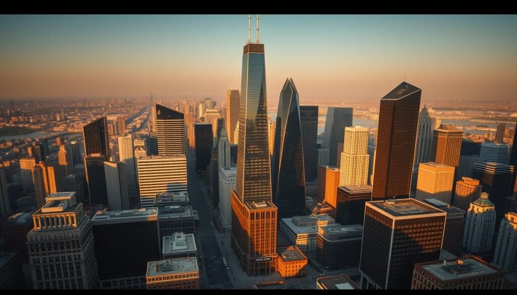 A high-contrast, cinematic aerial view of a bustling financial district, showcasing the skyscrapers and office towers of the top venture capital firms in 2023. The buildings are illuminated by warm, golden light, casting long shadows across the cityscape. In the foreground, sleek, modern architecture and glass facades reflect the dynamic, innovative nature of the venture capital industry. The middle ground features a network of busy streets and pedestrian plazas, bustling with activity. In the background, a hazy skyline fades into the distance, conveying a sense of scale and the broader economic landscape. The image conveys a mood of prosperity, ambition, and the relentless pursuit of growth and innovation.