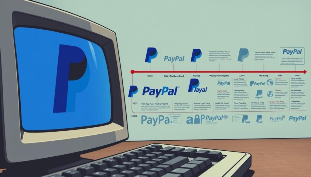 A historical evolution of PayPal depicted through a series of detailed illustrations. In the foreground, the original PayPal logo and interface from the early 2000s, with a retro computer monitor and keyboard setting the scene. In the middle ground, the PayPal brand evolving over the years, showcasing the gradual refinement of the logo and user experience. In the background, a timeline of significant milestones and events that shaped the company's growth, captured in a stylized, infographic-like manner. The overall mood is one of technological progress and innovation, with a vintage aesthetic that pays homage to PayPal's humble beginnings and its transformation into a global financial powerhouse.